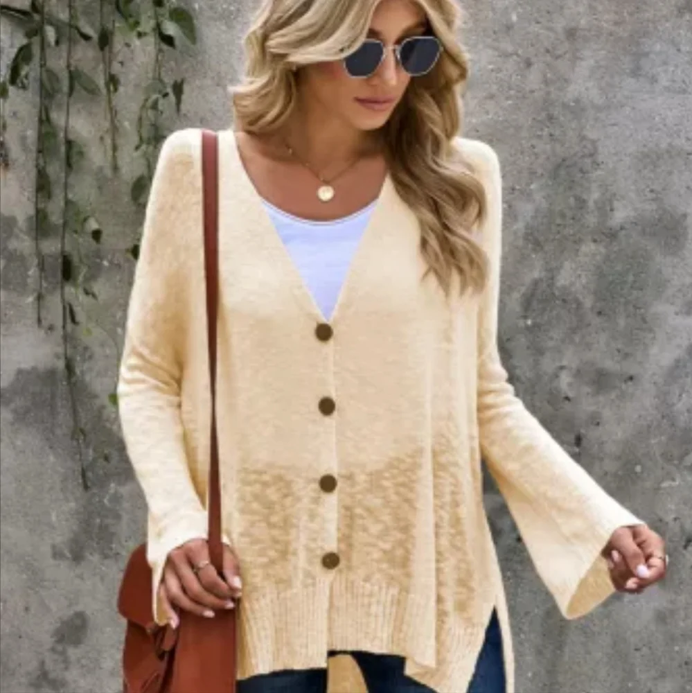 🍁New Apricot Loose Lightweight V Neck Buttoned Sheer Knit Cardigan - Picture 12 of 17